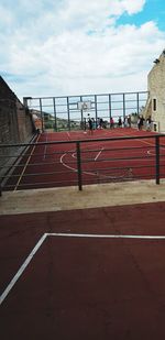 High angle view of empty stadium against sky