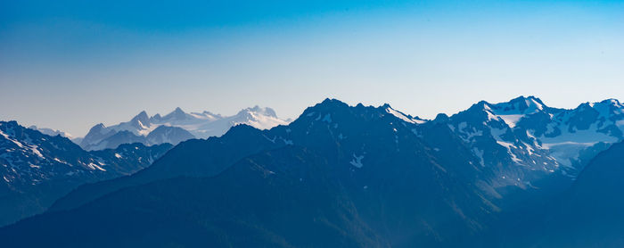 Scenic view of snowcapped mountains against clear sky