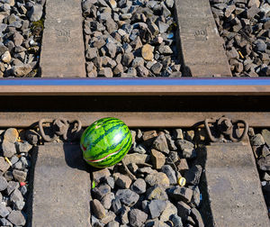 High angle view of stones on railroad track