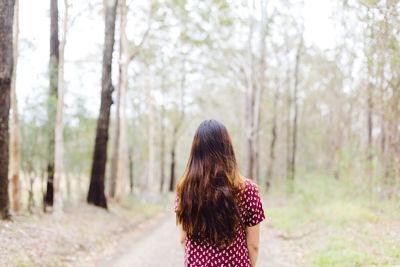 Rear view of woman standing against trees