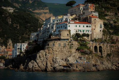 Aerial view of town by sea