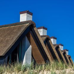 Low angle view of old building against clear blue sky