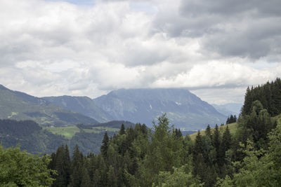 Scenic view of mountains against cloudy sky