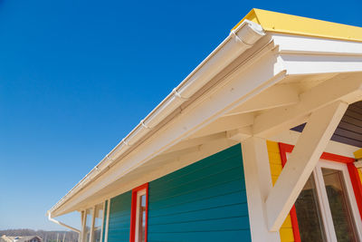 Low angle view of building against clear blue sky