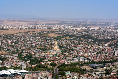 High angle shot of townscape against sky