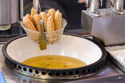 High angle view of food in container on table