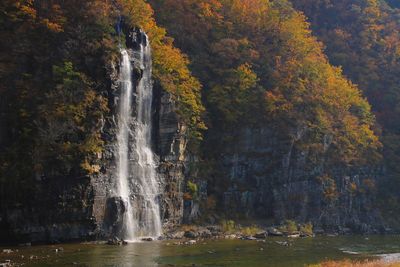 It's a fall scene with a waterfall.