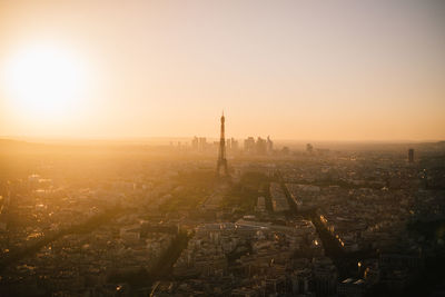 High angle view of city buildings during sunset