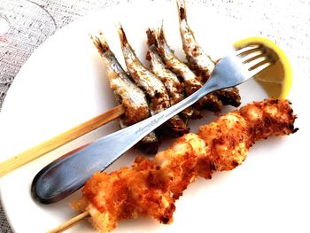 High angle view of food in plate on table