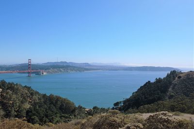 Scenic view of bay against clear sky