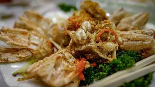 Close-up of deep fried crabs in plate