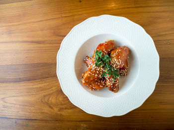 High angle view of salad in plate on table