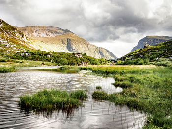 Scenic view of lake against cloudy sky