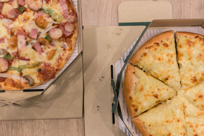 High angle view of pizza on table