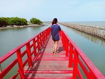 Rear view of man on railing by sea against sky