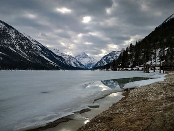 Scenic view of snowcapped mountains against sky