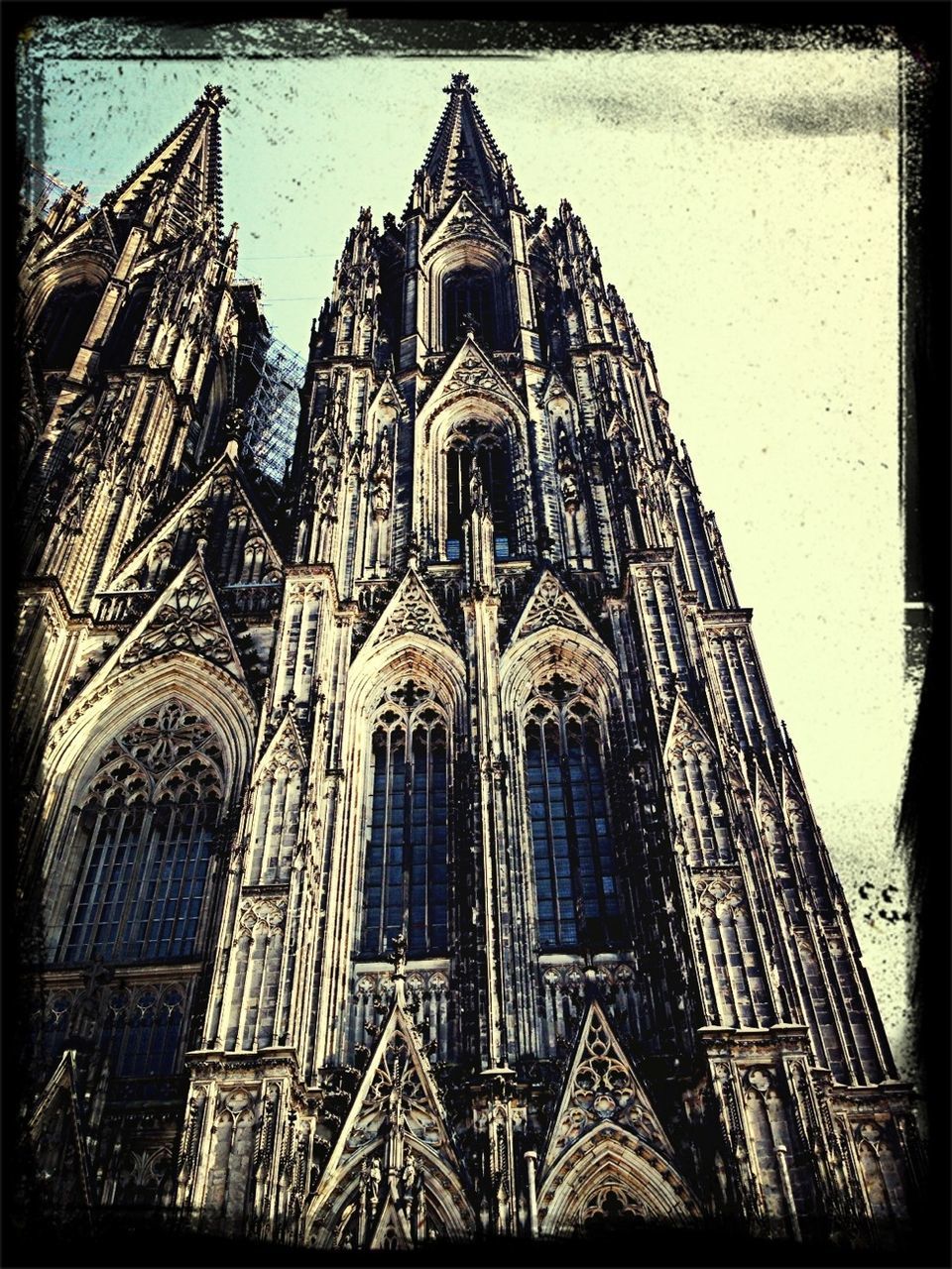 architecture, building exterior, built structure, place of worship, church, religion, spirituality, transfer print, low angle view, cathedral, auto post production filter, sky, window, facade, no people, cross, outdoors, tower