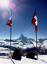 Snow covered mountain against blue sky