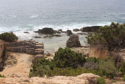 High angle view of rocks on beach