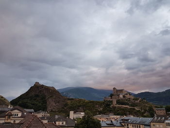 Built structures on landscape against clouds