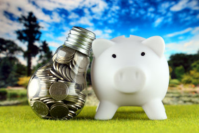 Close-up of piggy bank on table
