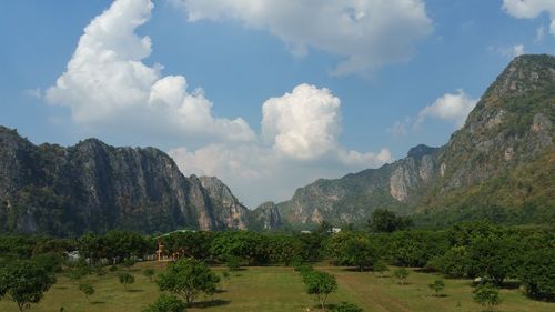 Panoramic view of landscape and mountains against sky