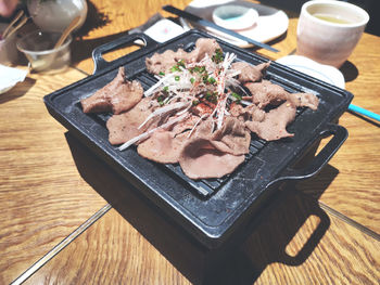 High angle view of food in tray on table