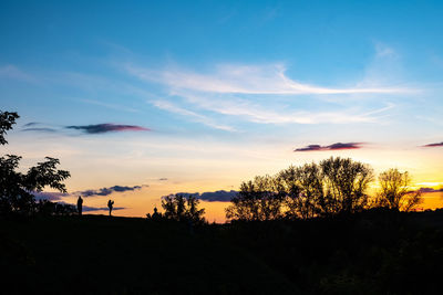 Silhouette trees on landscape against sky during sunset