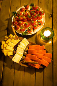 High angle view of chopped vegetables on table