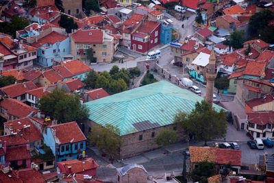 High angle view of buildings in city