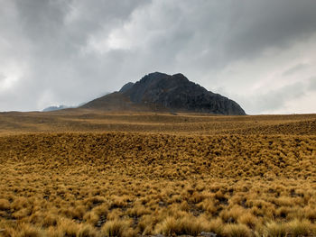 Scenic view of field against cloudy sky