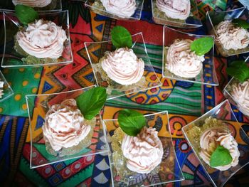 High angle view of cupcakes on table