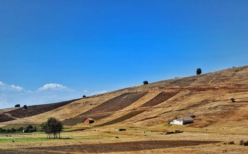 Scenic view of land against clear blue sky