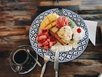 High angle view of breakfast served on table