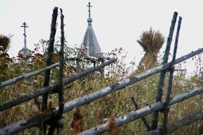 Close-up of built structure against clear sky