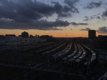 High angle view of train against sky during sunset
