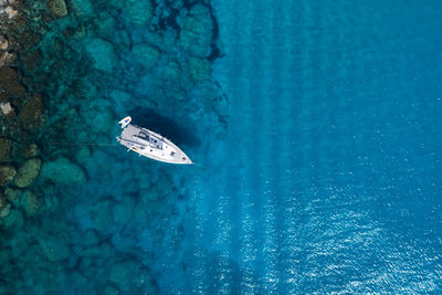 Drone aerial photograph of yacht in the open sea. summer vacations holidays