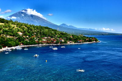 Scenic view of sea against blue sky