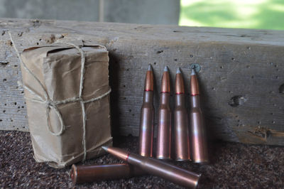 Close-up of bullets with wrapped box