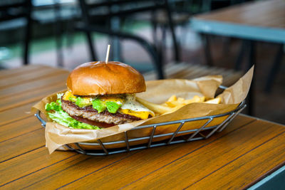 Close-up of burger on table