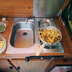 High angle view of breakfast on table at home