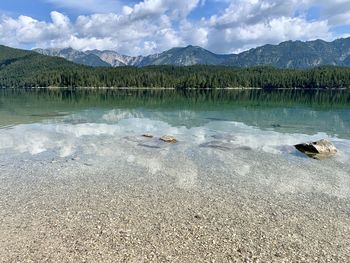 Scenic view of lake by mountains against sky