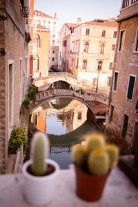 Arch bridge over canal amidst buildings in city