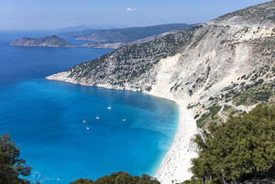 High angle view of bay against clear blue sky