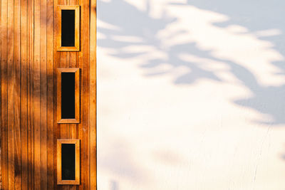 Wooden door white wall with tree leaves shadow on wall nature abstract background