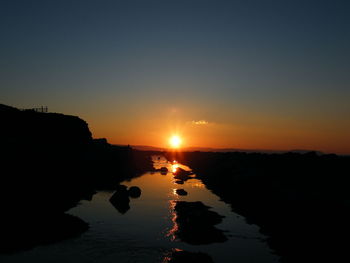 Scenic view of sea against clear sky during sunset