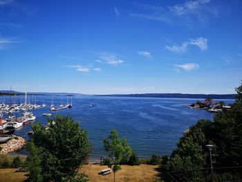 Scenic view of sea against blue sky