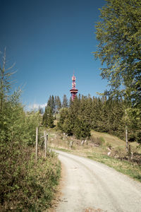 Road amidst trees and buildings against sky