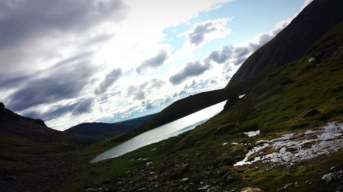 Scenic view of lake and mountains against sky