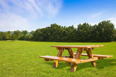 Empty bench on field by trees against sky